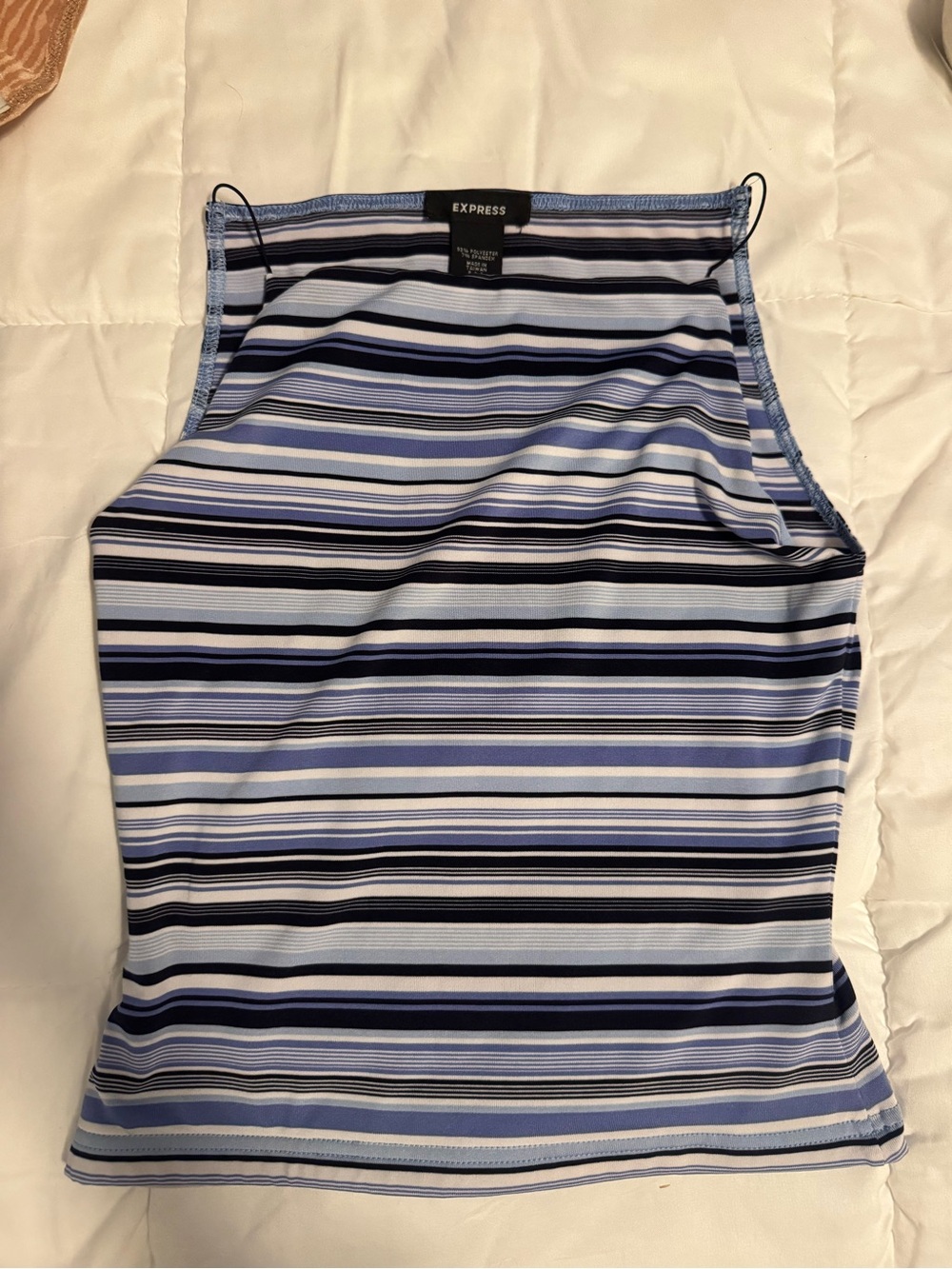 Express Striped High-Neck Tank in Light Blue, Navy & White